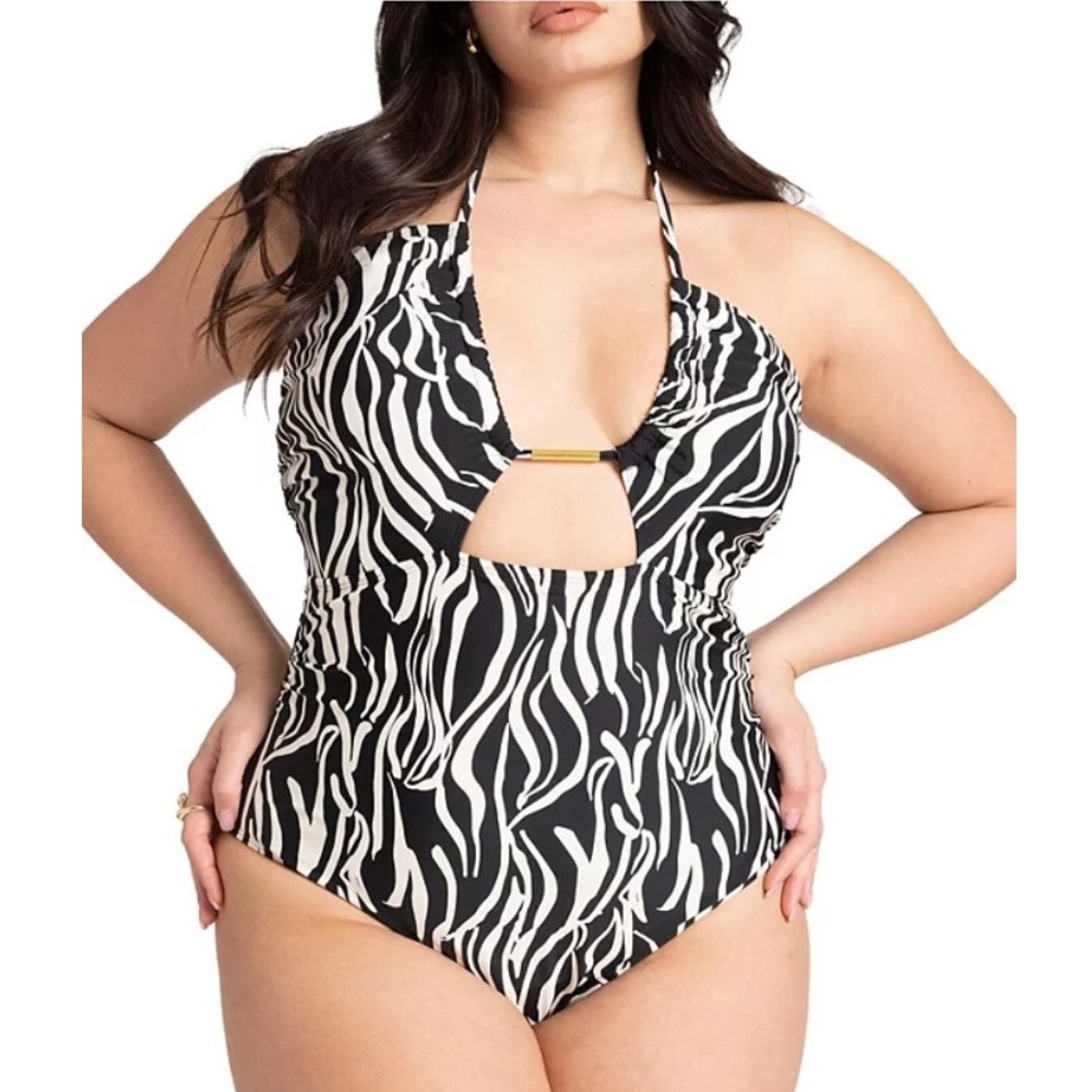 Eloquii Zebra One Piece Swimsuit 16W Ruched Halter Cutout Mob Wife Animal Resort